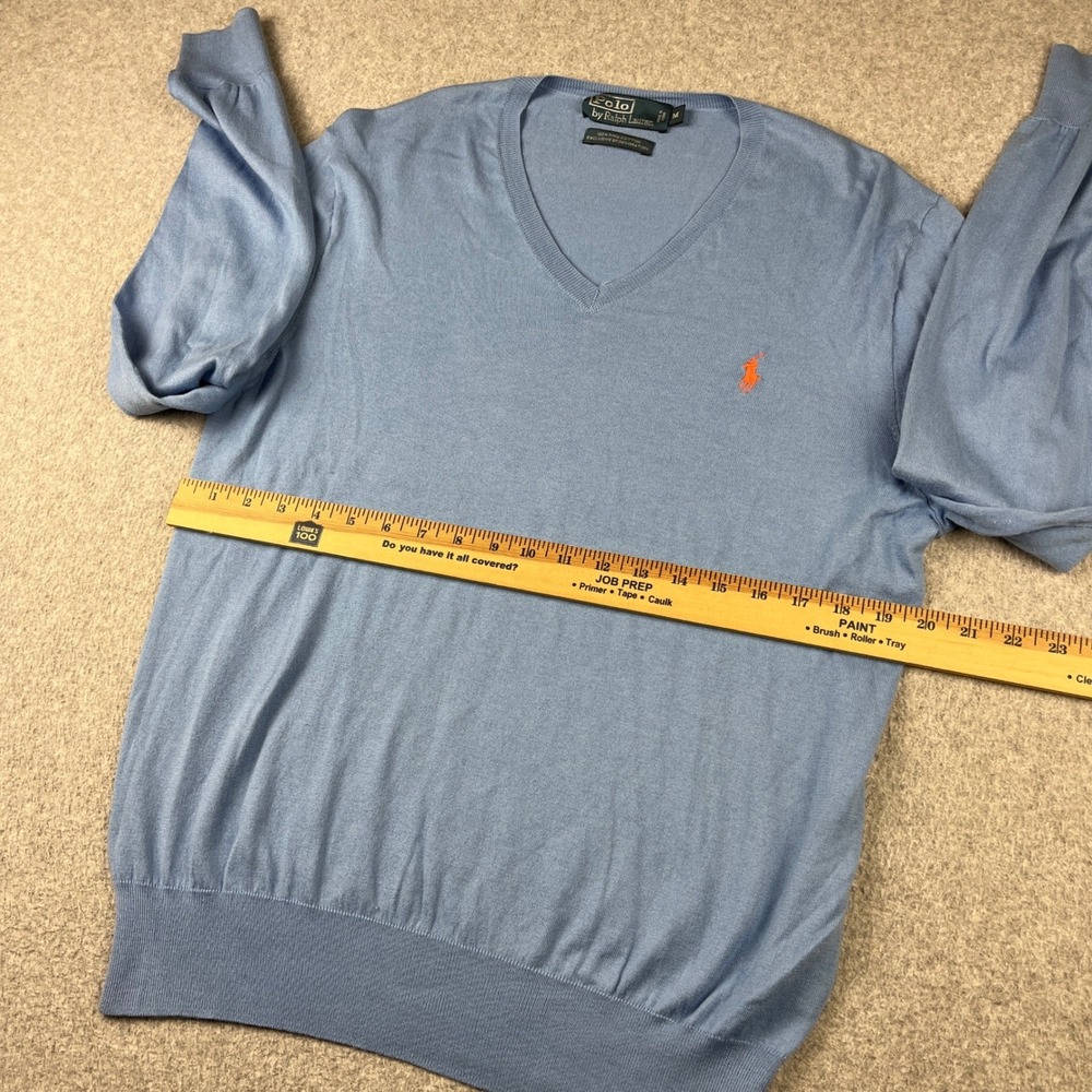 Polo Ralph Lauren Sweater Mens Medium Blue Pima Cotton V-Neck Orange Pony Logo - Picture 9 of 9